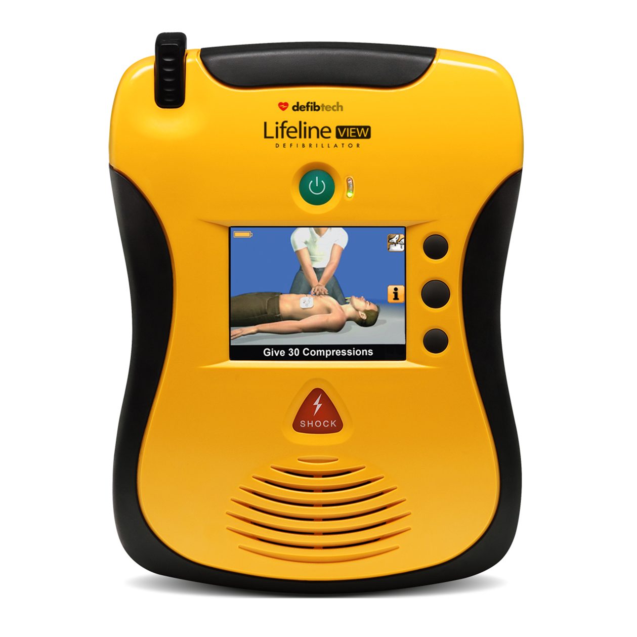 Yellow and black Defibtech Lifeline View defibrillator on a white background
