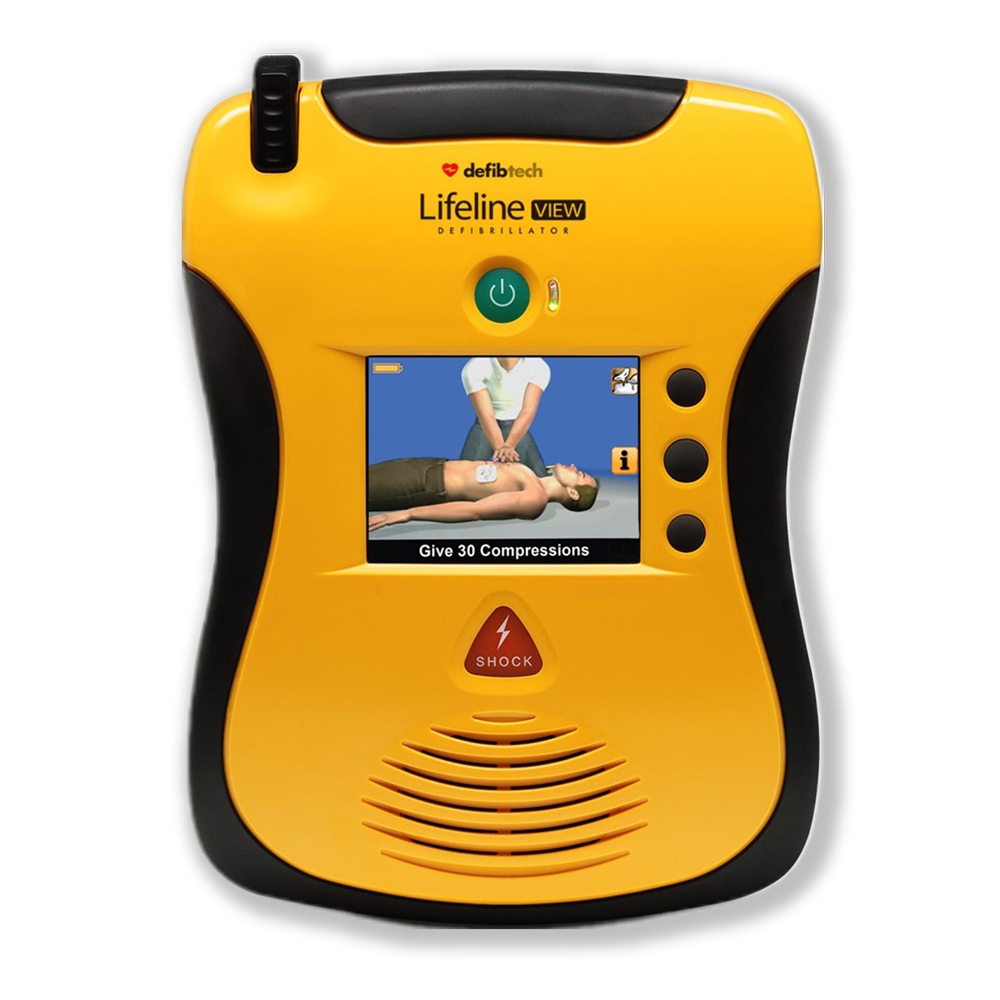 Yellow and black Defibtech Lifeline View defibrillator on a white background