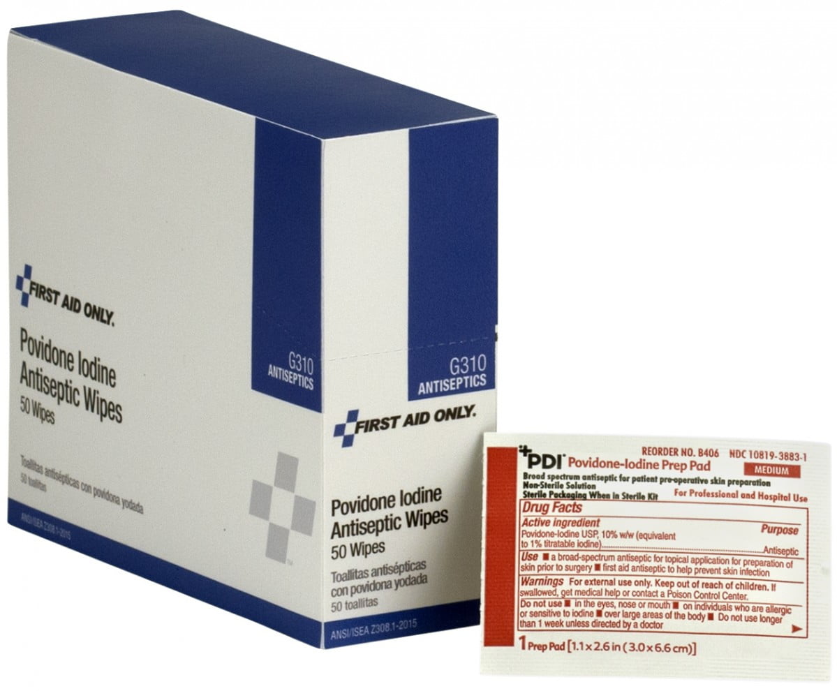 First Aid Only PVP Iodine Wipes, 50 per Box