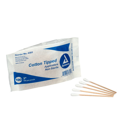 First Aid Only Cotton Tipped Applicators 3" Wood Shaft, 100 Per Bag