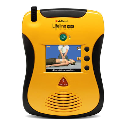 Yellow and black Defibtech Lifeline View defibrillator on a white background