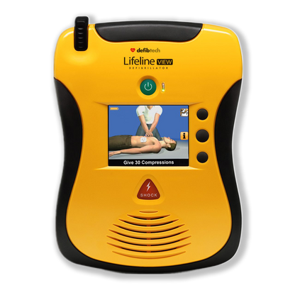 Yellow and black Defibtech Lifeline View defibrillator on a white background