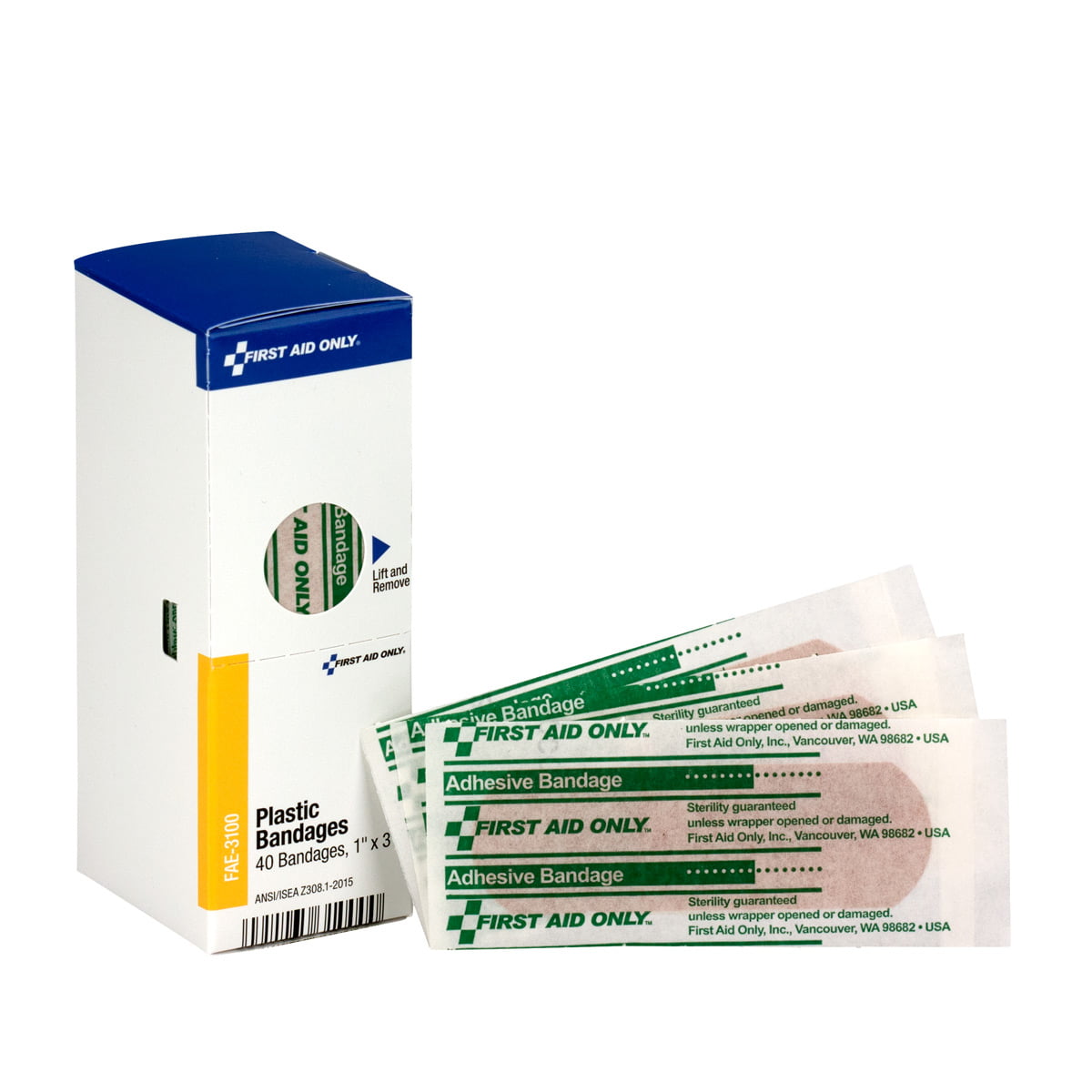 First Aid Only SmartCompliance Adhesive Plastic Bandages, 1" x 3", 40 Count