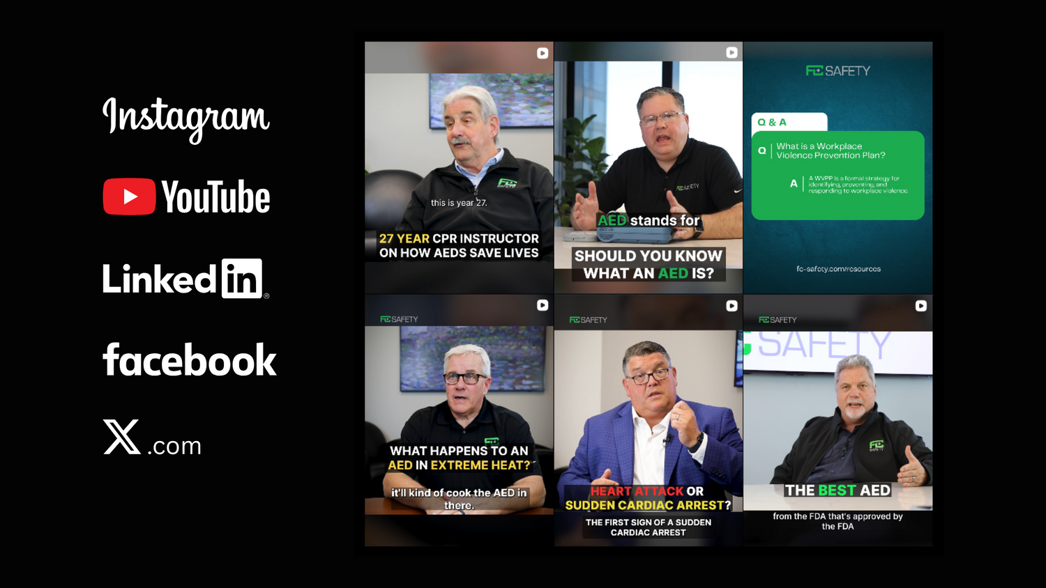 Collage of FC Safety video thumbnails with text on a black background